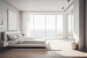 large minimalistic hotel room in pastel colors. Sea view. Generative ai