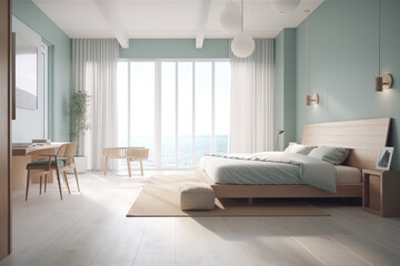 Fototapeta premium large minimalistic hotel room in pastel colors. Sea view. Generative ai