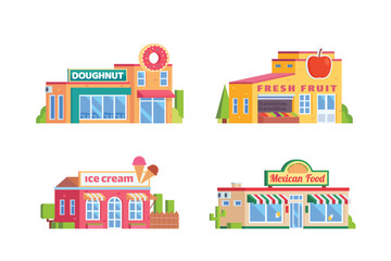Vector element of donut restaurant building, fruit shop, ice cream store and mexican resto flat design style for city illustration