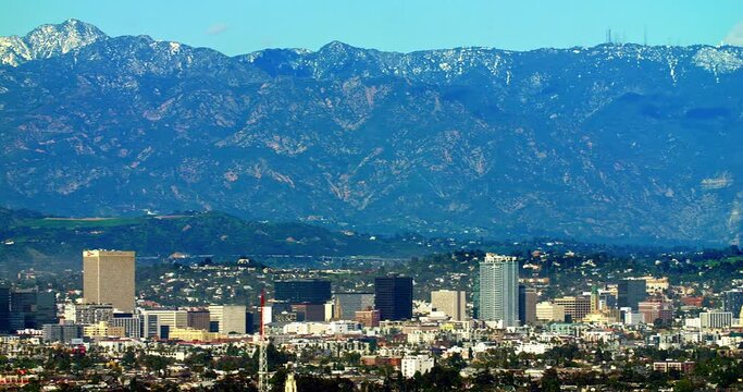 Aerial panorama of Los Angeles from Hollywood to Downtown district, California, 4K
