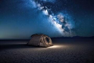 Lit tent on the playa under a bright Milky Way arch of stars. Generative ai
