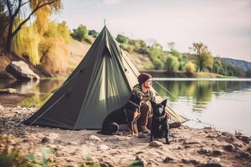 young couple relaxing by the river. camping outdoor. Generative ai