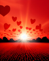 A red sunrise with hearts pouring out from the the sky 