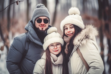 Fototapeta premium Cheerful family of three in warm winterwear spending day in winter forest. Generative ai