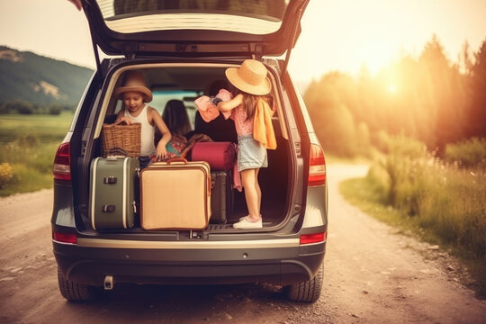 Happy family loading bags in the car and going on a road trip. Generative ai