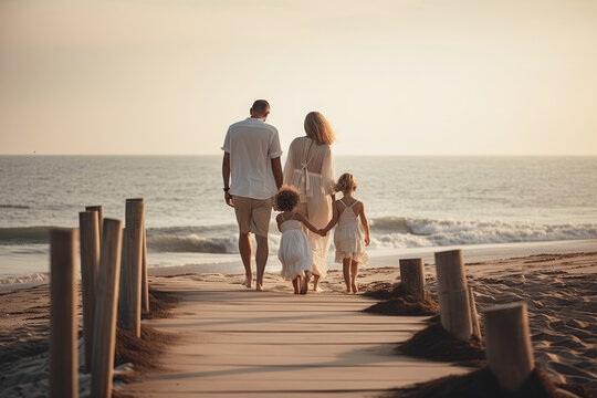 Rearview shot of a happy family walking towards the sea. Generative ai