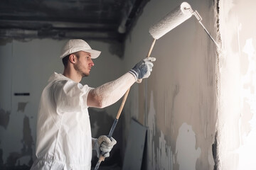 painter painting a wall with paint roller. Generative ai