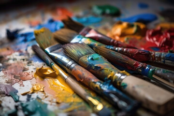 Fototapeta premium brushes on an artist's palette of colorful oil paint. Bright colors. Generative ai