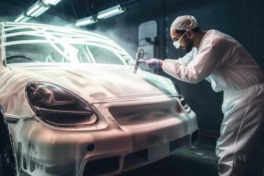 Mechanic painting car body, all white workshop and bright lights. Generative ai