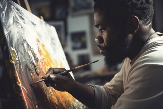 Close up of african american male painter at work painting on canvas in art studio. Generative ai