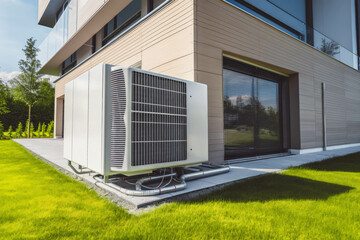 modern electric heat pump on the lawn of modern house. Generative ai