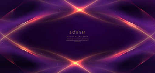 Luxury dark purple background with golden line curved and lighting effect sparkle.