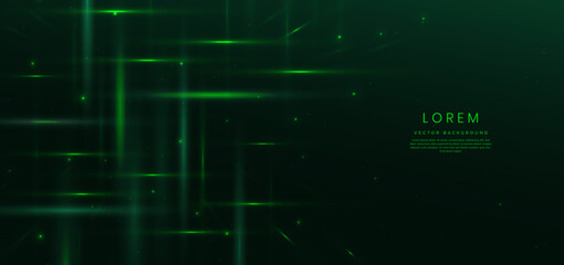 Abstract technology futuristic glowing green light lines with high-speed effect on dark green background.
