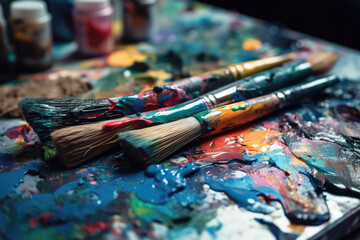 Obraz premium brushes on an artist's palette of colorful oil paint. Bright colors. Generative ai