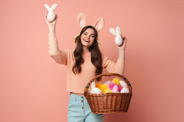 Full body smiling fun young woman wearing bunny rabbit ears holding a basket. Generative ai