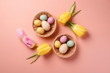 Fototapeta na wymiar Easter celebration concept. Top view photo of colorful easter eggs. Generative ai