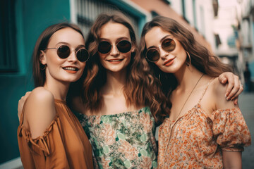 Three young carefree women posing in the street. Generative ai