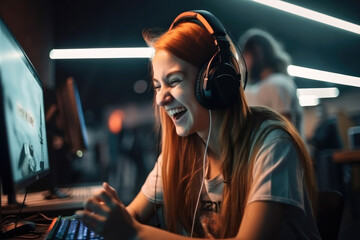 Cheerful female gamer winning an online game on a laptop. Generative ai