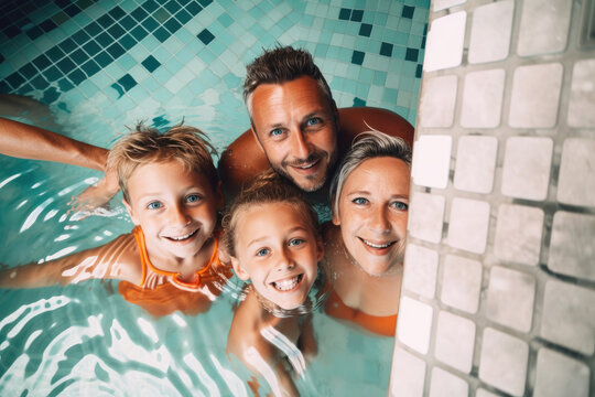 Top view of smiling family of four having fun and relaxing in indoor swimming pool. Generative ai