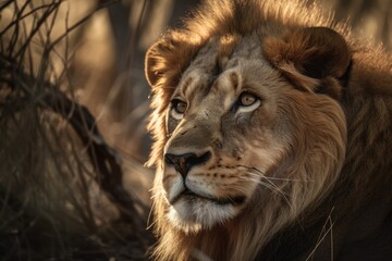 Fototapeta premium A close up of a male African lion in the wild animals. Generative AI