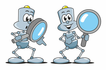 Cartoon Bots mit Lupe suchen und finden die Lösung