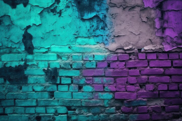 Toned brick wall. blue purple magenta teal green rough surface. gradient. colorful background with space for design. dark. grungy backdrop, cracked, damaged collapse ruins