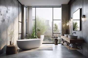 Fototapeta na wymiar Gray and white bathroom decor in a loft, with a concrete floor and a white bathtub close to the window. a mockup. Generative AI