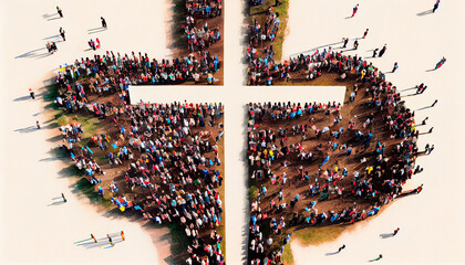 A cross surrounded by people aerial view illustration