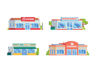 Vector element of store building, minimarket, mart and supermarket flat design style for city illustration - obrazy, fototapety, plakaty
