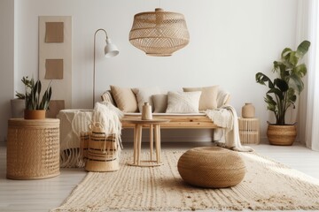 Modern living rooms include decorative wicker baskets on the floor. Generative AI