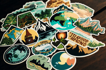 A photograph of travel-themed stickers. digital art illustration. generative AI