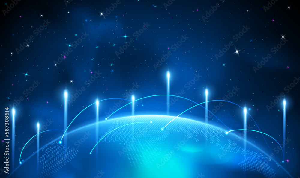 Poster global communication network connection world map point with glowing light beams. global business, g