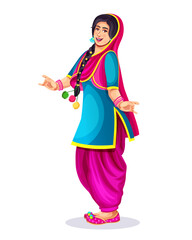 Indian Punjabi happy young woman enjoying occasion like Lohri and Baisakhi function dance party isolate on white background. Girl wearing ethnic Indian cloth suit and salwar.