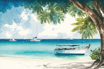 Fototapeta na wymiar Watercolor tropical sea landscape painting. Maldives beach illustration. Ai generated