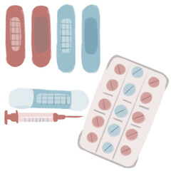 Various medicines. Pills, syringe and various patches. Collection of medicines, health care concept. Flat illustration in cartoon style.