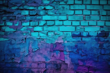 Toned brick wall. blue purple magenta teal green rough surface. gradient. colorful background with space for design. dark. grungy backdrop, cracked, damaged collapse ruins