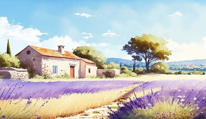 Obraz na płótnie Canvas Watercolor summer Provence landscape with trees, lavender flowers and house. Ai generated
