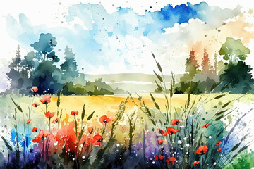 Watercolor summer landscape illustration, trees, meadow and flowers. Ai generated