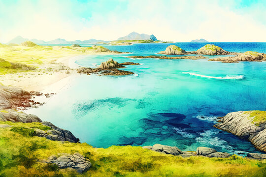 Watercolor summer sea landscape illustration. Seascape with mountains. Ai generated.