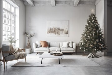 Scandinavian Christmas living room. Gift boxed Christmas tree. white couch wall mockup,. Generative AI