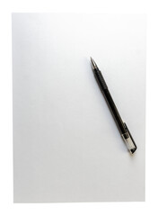 Letter-sized white sheet of paper with biros,  isolated .Notes concept