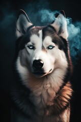 Obraz premium Portrait of a siberian husky dog in smoke.Generative Ai