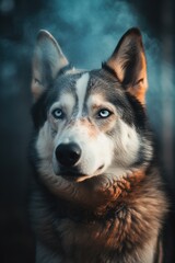Portrait of a siberian husky dog in smoke.Generative Ai