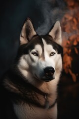 Obraz premium Portrait of a siberian husky dog in smoke.Generative Ai