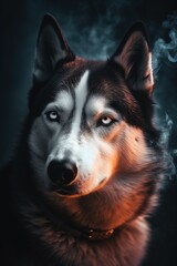 Portrait of a siberian husky dog in smoke.Generative Ai