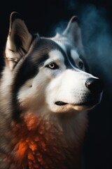 Portrait of a siberian husky dog in smoke.Generative Ai