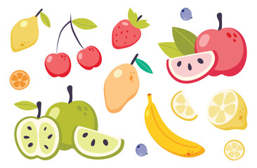 Summer fruit collection. Set of fresh tropical and garden fruits doodle, organic biological vegan food. Cute cartoon vector illustration