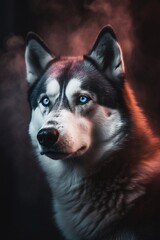 Fototapeta premium Portrait of a siberian husky dog in smoke.Generative Ai