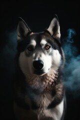 Obraz premium Portrait of a siberian husky dog in smoke.Generative Ai