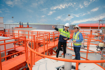 Asian male industrial engineer and architect discussing work Use tablet technology to plan and monitor water systems in engineering plants, utilities, sewer and wastewater treatment plants.